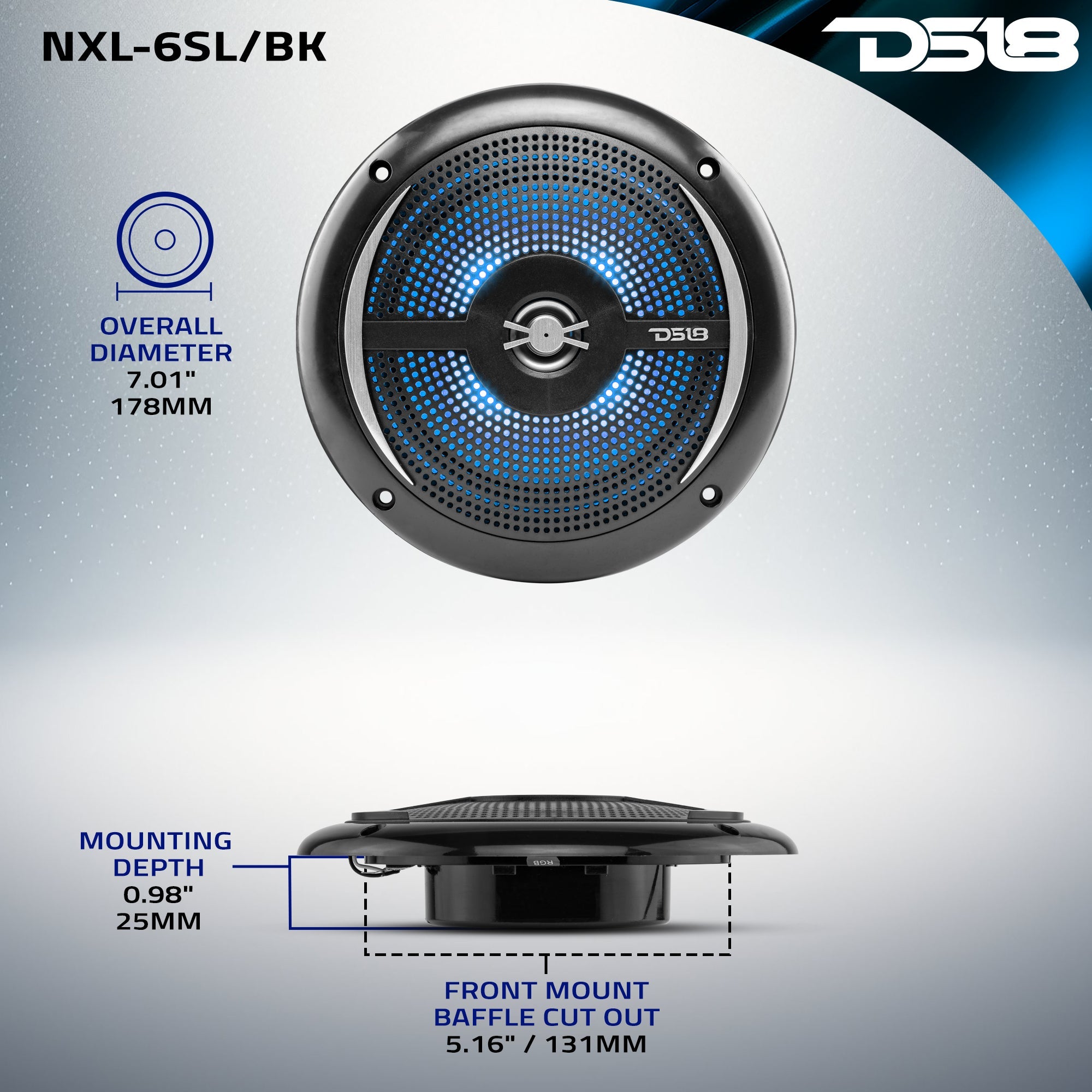NXL 6.5" 2-Way Coaxial Marine Shallow Speaker With LED RGB Lights 25 Watts Rms 4-Ohm - DS18