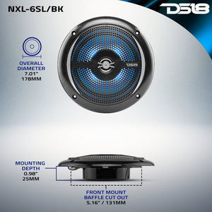 NXL 6.5" 2-Way Coaxial Marine Shallow Speaker With LED RGB Lights 25 Watts Rms 4-Ohm - DS18