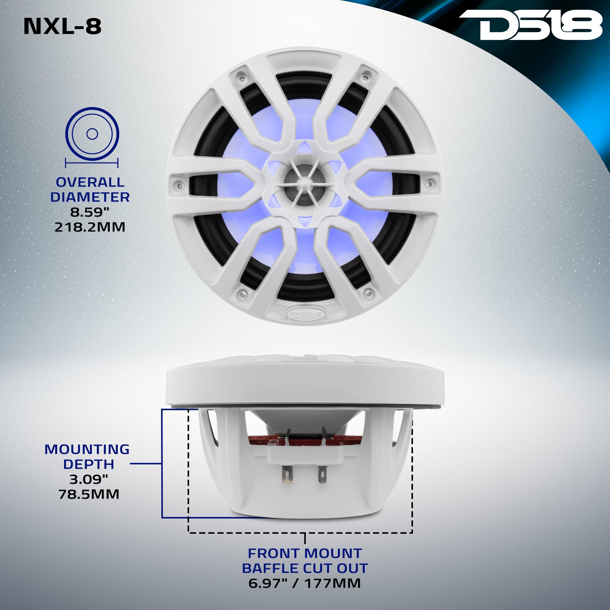 NXL 8" 2-Way Coaxial Marine Speaker with LED RGB Lights | 125W RMS 4-Ohm - DS18