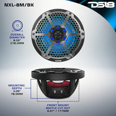 NXL 8" 2-Way Coaxial Marine Speaker With LED RGB Lights 125 Watts Rms 4-Ohm - DS18