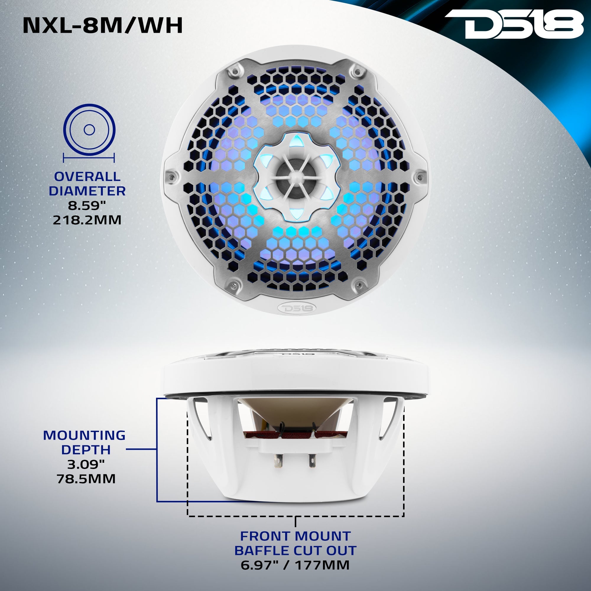 NXL 8" 2-Way Coaxial Marine Speaker With LED RGB Lights 125 Watts Rms 4-Ohm - DS18