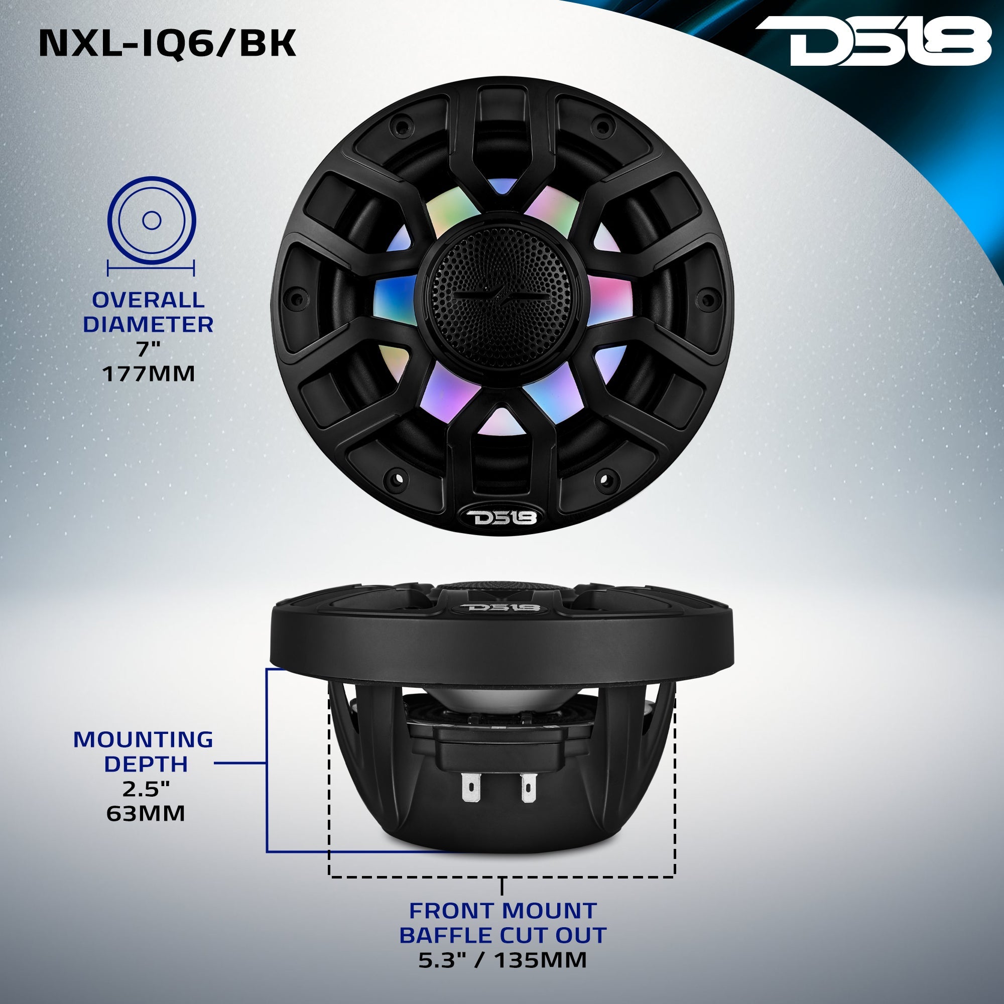 NXL 6.5" 2-Way Coaxial Marine Speaker with Bullet Tweeter and Digital Led Lights | 150W RMS 4-Ohm - DS18