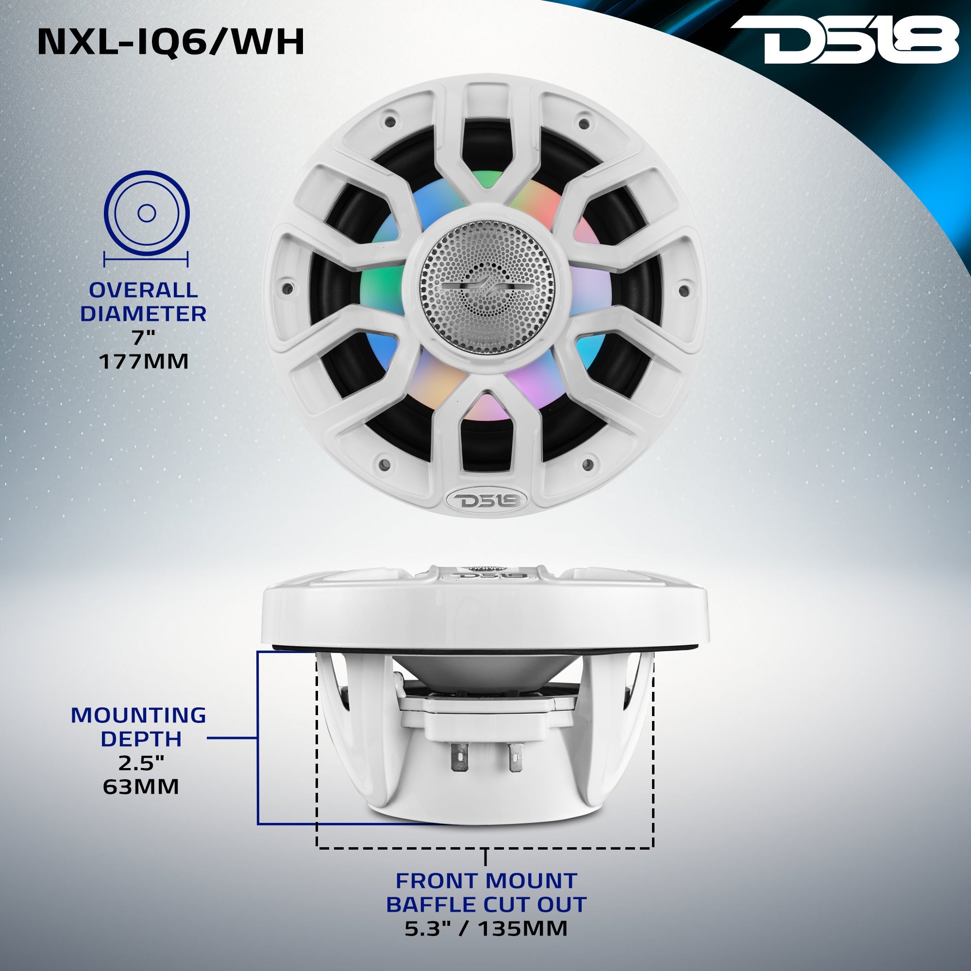 NXL 6.5" 2-Way Coaxial Marine Speaker with Bullet Tweeter and Digital Led Lights | 150W RMS 4-Ohm - DS18
