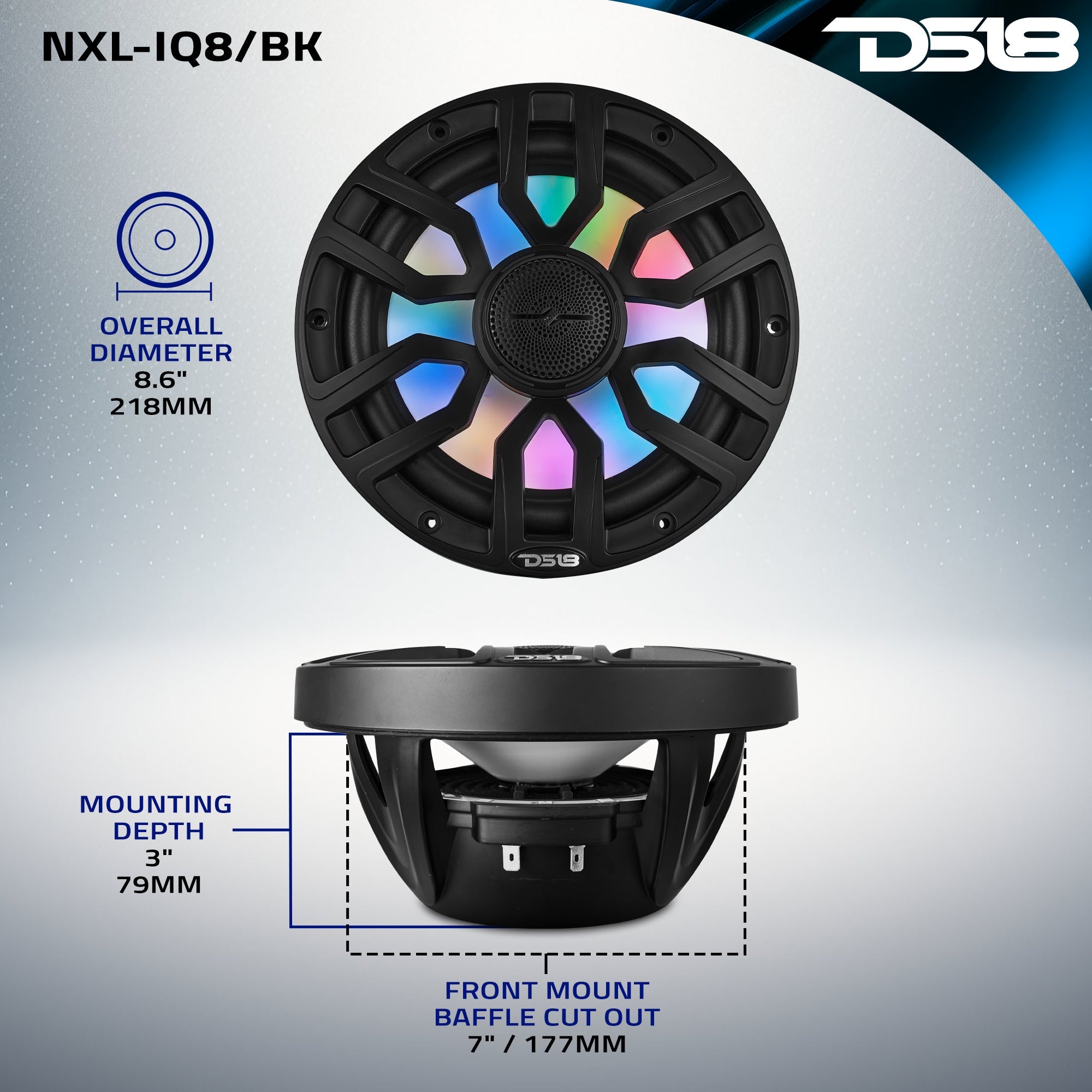 NXL 8" 2-Way Coaxial Marine Speaker with Bullet Tweeter and Digital Led Lights | 175W RMS 4-Ohm - DS18