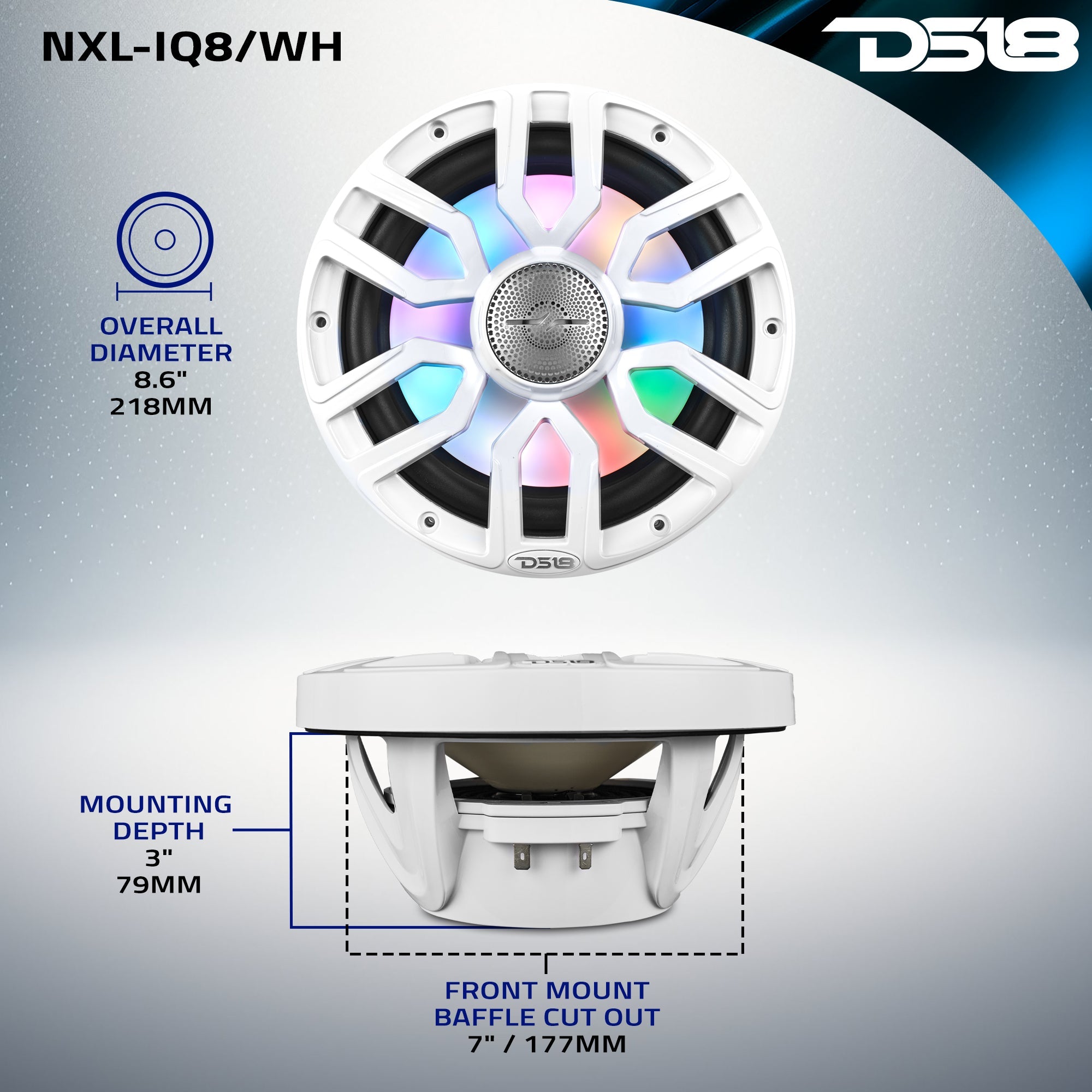 NXL 8" 2-Way Coaxial Marine Speaker with Bullet Tweeter and Digital Led Lights | 175W RMS 4-Ohm - DS18