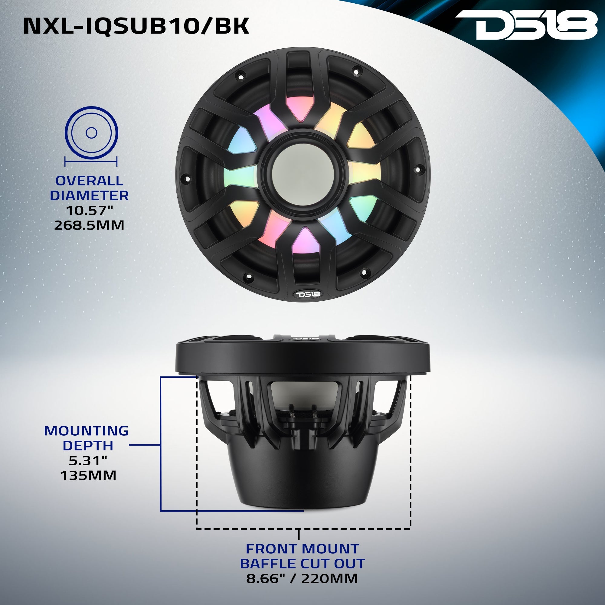 10” Marine Subwoofer with Hybrid Magnet Motor, Removable Grille and Digital LED Lights - 500W RMS 4-Ohm - DS18