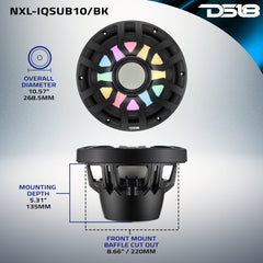 10” Marine Subwoofer with Hybrid Magnet Motor, Removable Grille and Digital LED Lights - 500W RMS 4-Ohm - DS18