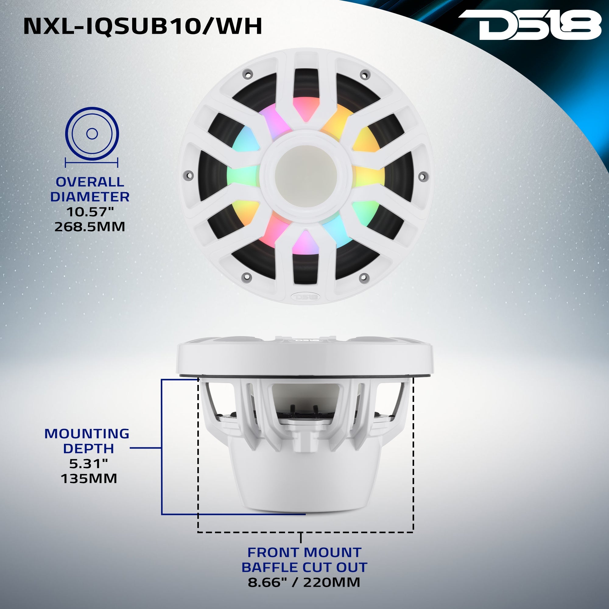 10” Marine Subwoofer with Hybrid Magnet Motor, Removable Grille and Digital LED Lights - 500W RMS 4-Ohm - DS18