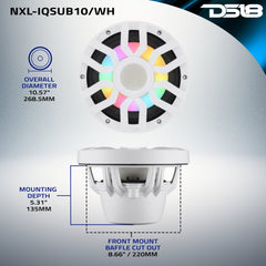 10” Marine Subwoofer with Hybrid Magnet Motor, Removable Grille and Digital LED Lights - 500W RMS 4-Ohm - DS18