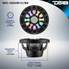 12” Marine Subwoofer with Hybrid Magnet Motor, Removable Grille and Digital LED Lights - 600W RMS 4-Ohm - DS18