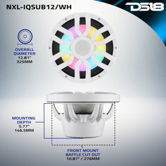 12” Marine Subwoofer with Hybrid Magnet Motor, Removable Grille and Digital LED Lights - 600W RMS 4-Ohm - DS18