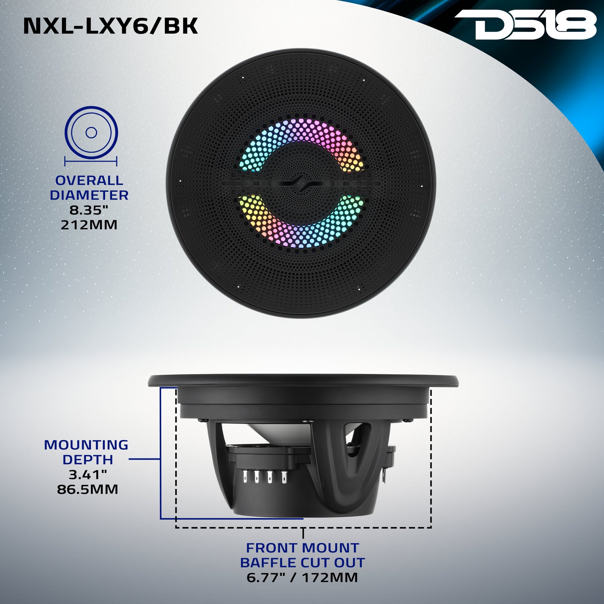 Luxury 6.5” 2-Way Marine Coaxial Speaker with Digital LED Lights and Flush Magnetic Mount Grille | 150W RMS 4-Ohm - DS18