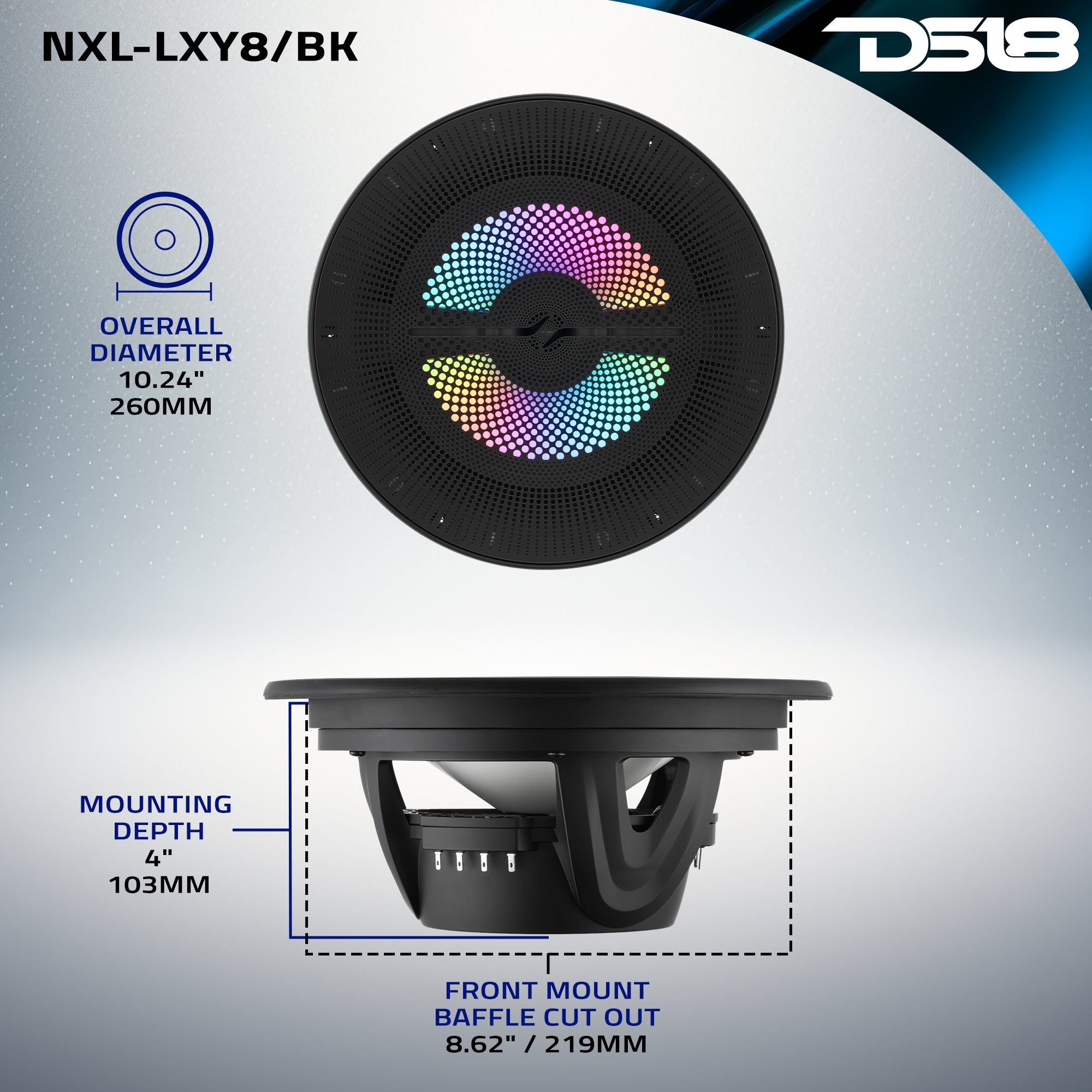 Luxury 8” 2-Way Marine Coaxial Speaker with Digital LED Lights and Flush Magnetic Mount Grille | 175W RMS 4-Ohm - DS18