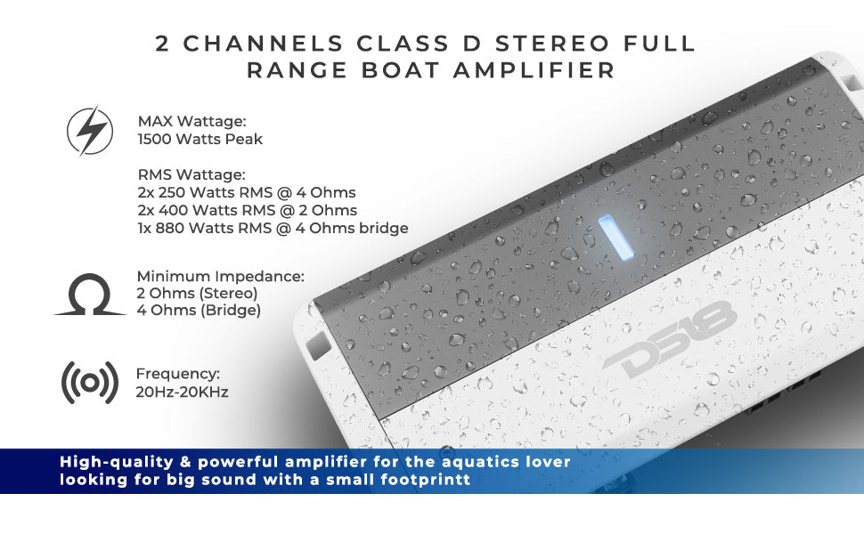 NXL 2-Channel Full-Range Class D IPX5 Marine Amplifier | 2 x 250W RMS @ 4-Ohm - DS18