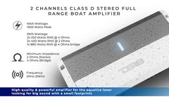 NXL 2-Channel Full-Range Class D IPX5 Marine Amplifier | 2 x 250W RMS @ 4-Ohm - DS18