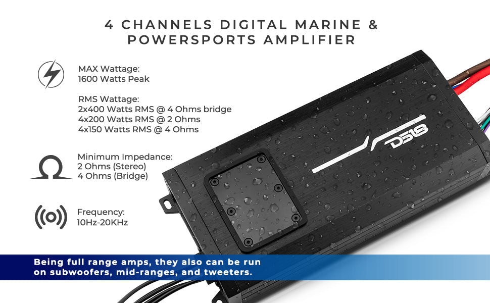 NXL 4-Channel Full-Range Class D IP67 Marine and Powersports Amplifier 4 x 150 Watts Rms @ 4-Ohm - DS18