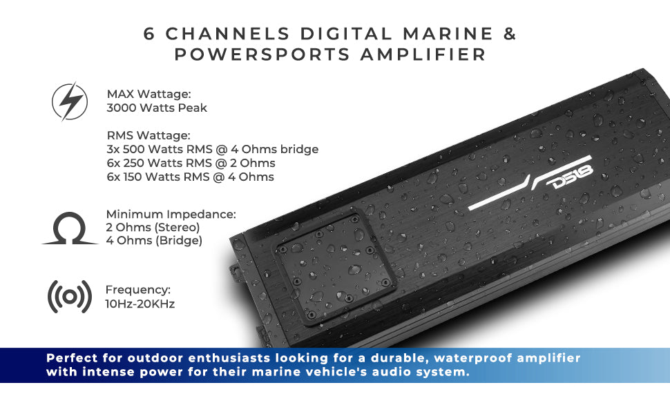NXL 6-Channel Full-Range Class D IP67 Marine and Powersports Amplifier 6 x 150 Watts Rms @ 4-Ohm - DS18