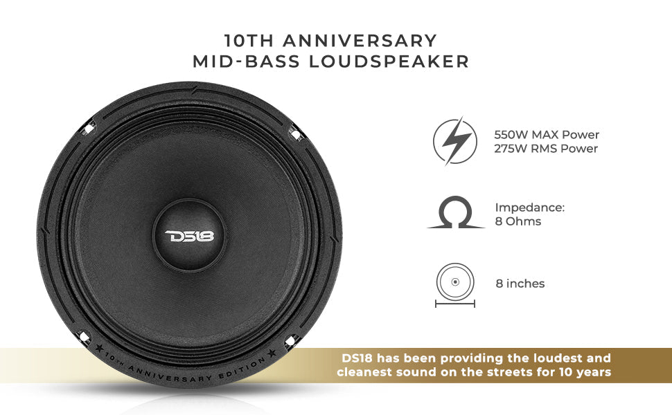 10th Anniversary Edition 8" Mid-Bass Loudspeaker 275 Watts Rms 8-Ohm - DS18