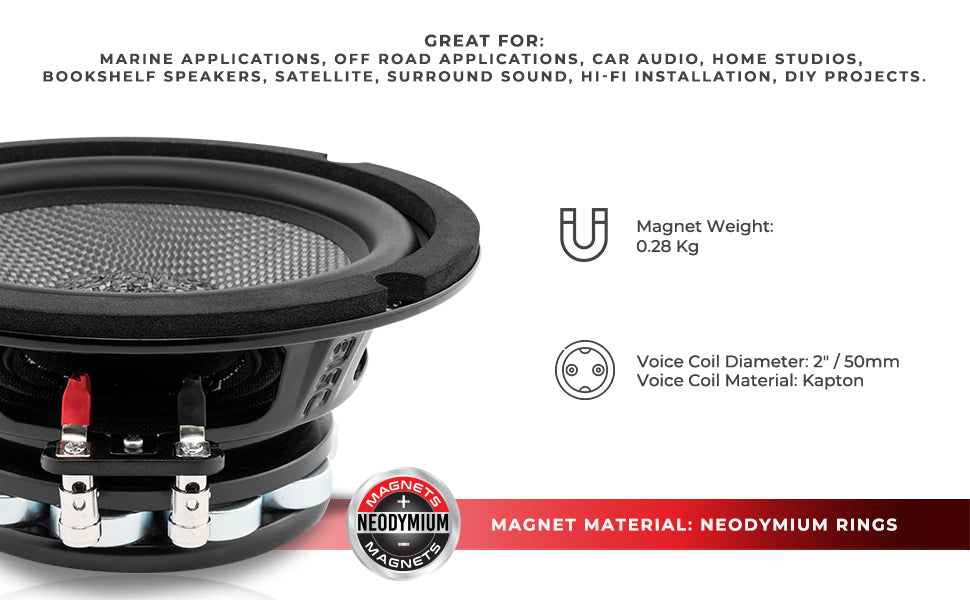 PRO 6.5" Neodymium Carbon Fiber Water resistant Cone Mid-Bass Loudspeaker 250 Watts Rms 2-Ohm - DS18