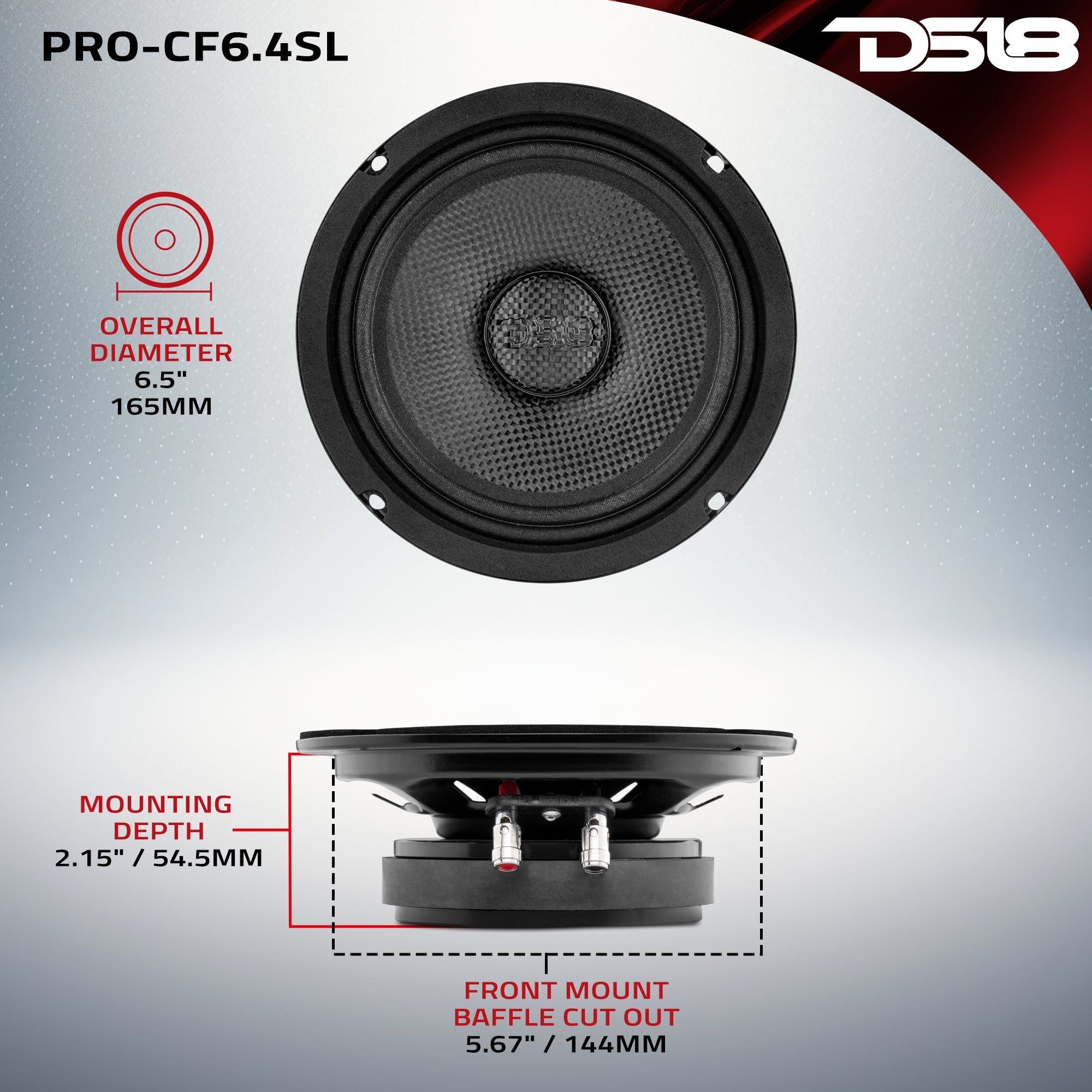 PRO 6.5” Shallow Mid-Bass Loudspeaker with Carbon Fiber Water-Resistant Cone | 250W RMS 4-Ohm - DS18
