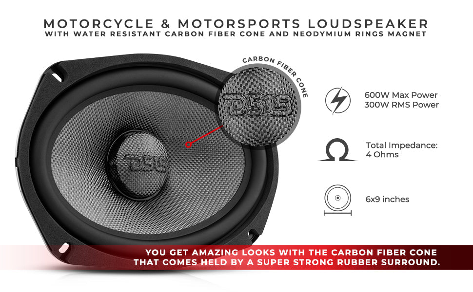 PRO 6x9" Neodymium Carbon Fiber Water resistant Cone Mid-Bass Loudspeaker 300 Watts Rms 4-Ohm - DS18