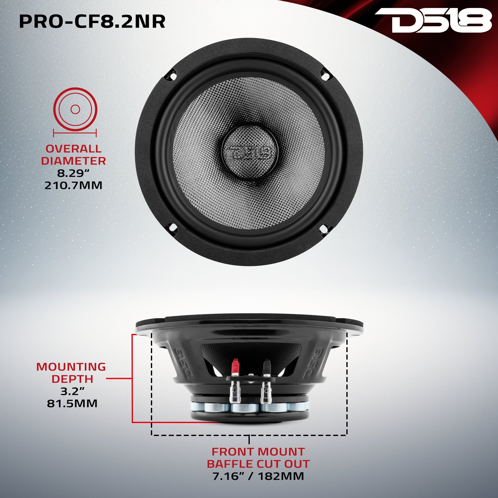 PRO 8" Neodymium Carbon Fiber Water resistant Cone Mid-Bass Loudspeaker 300 Watts Rms 2-Ohm - DS18