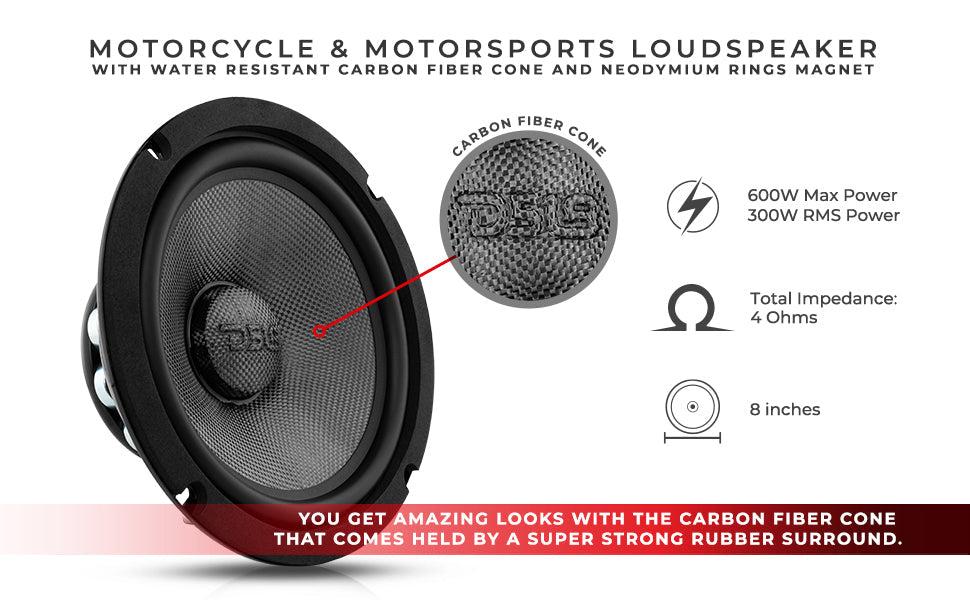 PRO 8" Neodymium Carbon Fiber Water resistant Cone Mid-Bass Loudspeaker 300 Watts Rms 4-Ohm - DS18