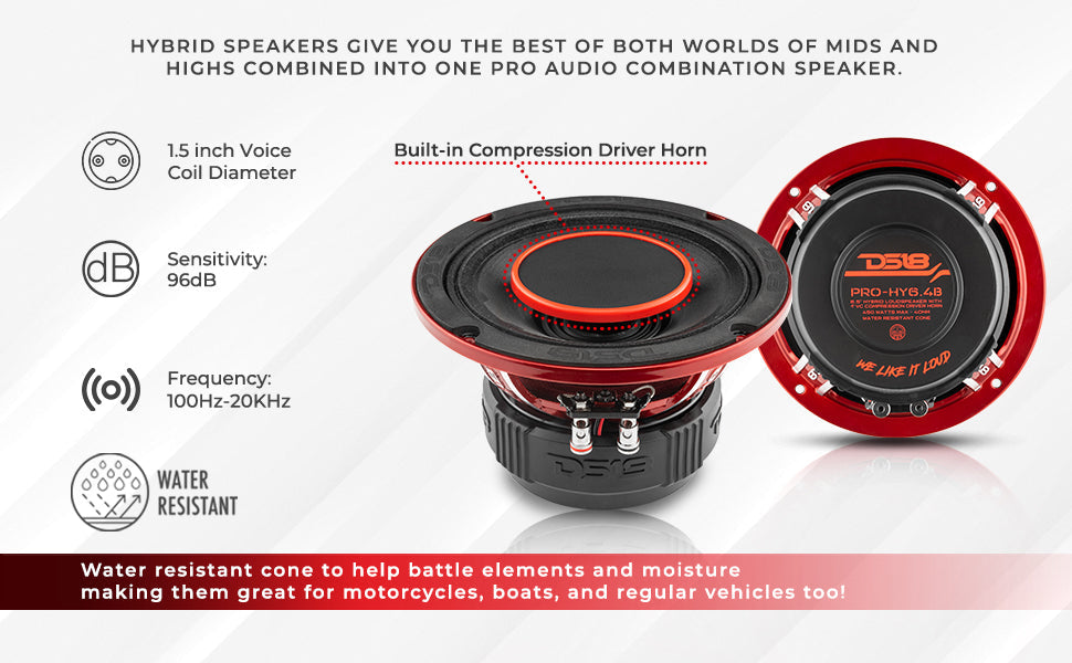 PRO 6.5" Coaxial Hybrid Mid-Range Water resistant Cone Loudspeaker with Built-in Driver 225 Watts Rms 4-Ohm - DS18