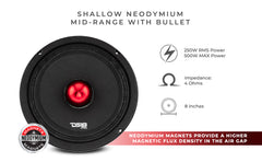 PRO 8" Slim Neodymium Mid-Range Loudspeaker with Bullet | 500W 4-Ohm - DS18