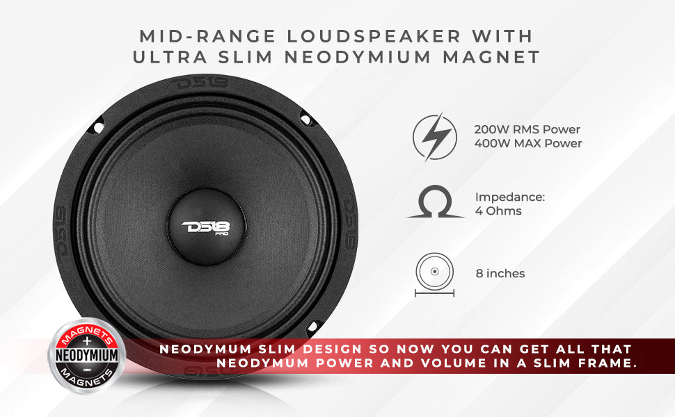 PRO 8" Shallow Neodymium Full-Range Loudspeaker 200 Watts Rms 4-Ohm - DS18