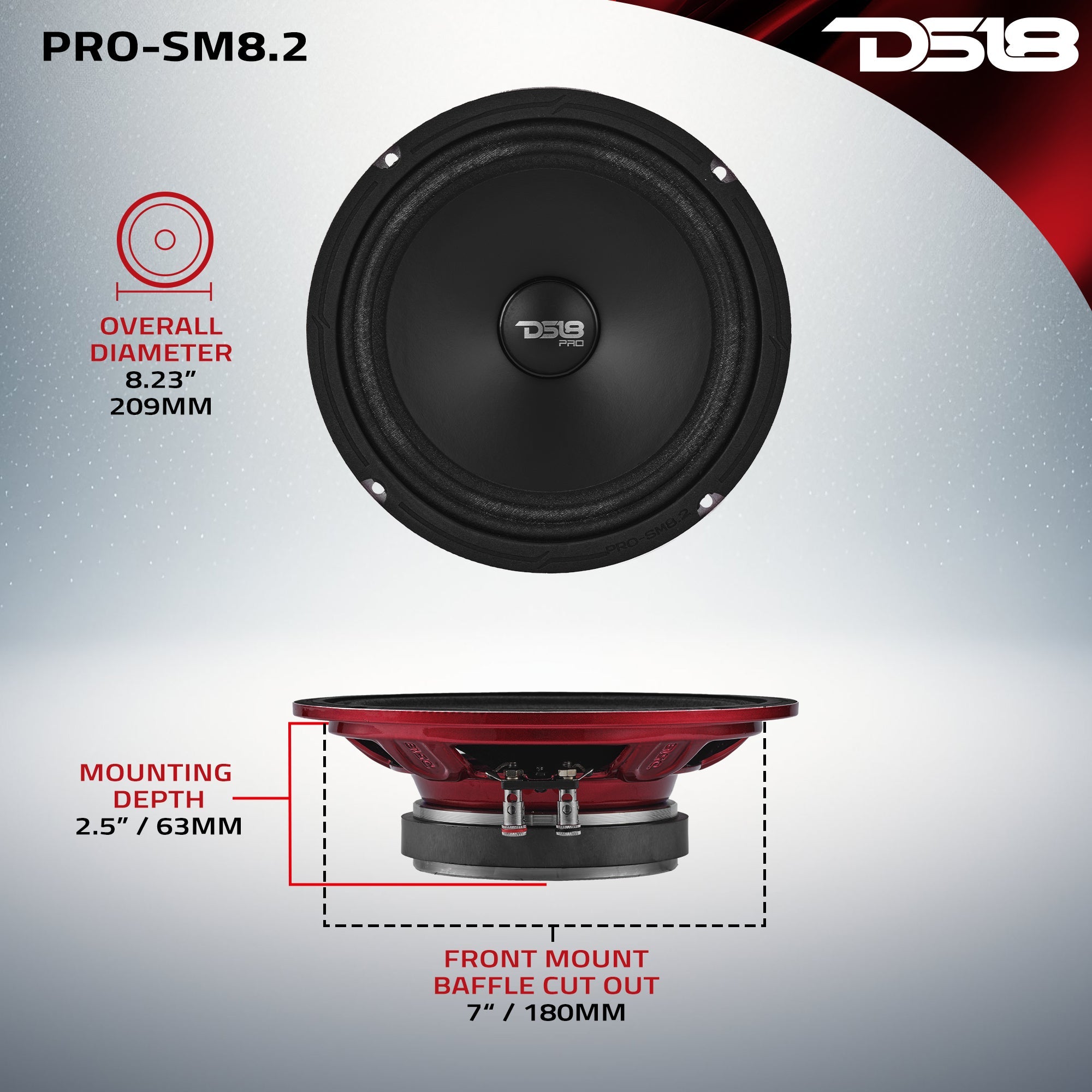 PRO 8" Slim Water-Resistant Mid-Range Loudspeaker | 250W RMS 2-Ohm - DS18