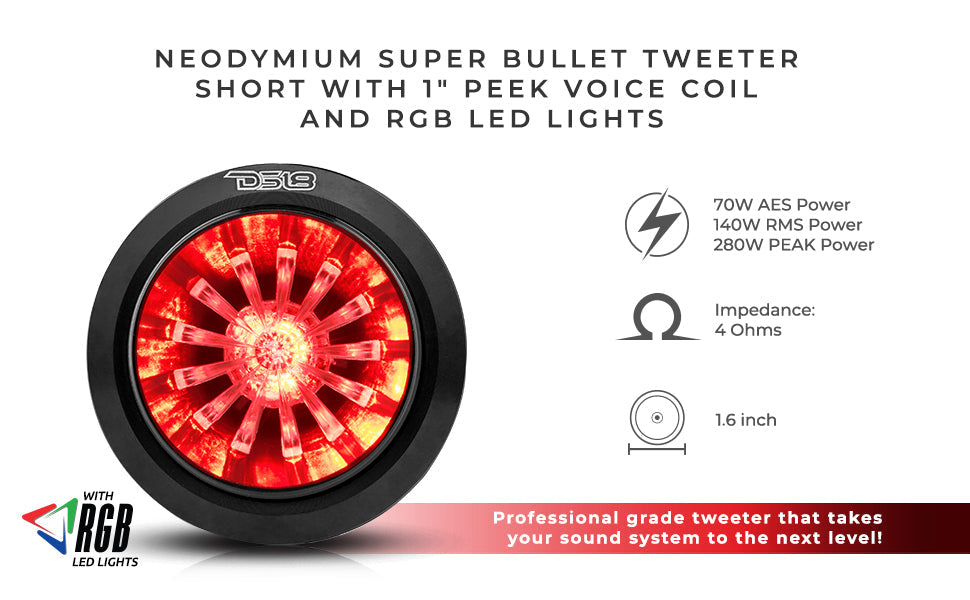 1.6" Shallow High Compression Neodymium Super Bullet Tweeter 140 Watts 1" Polyether Ether Ketone 4-Ohm Vc With RGB LED Lights