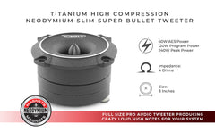 3" High Compression Neodymium Slim Super Bullet Tweeter 120 Watts 1" Titanium 4-Ohm Vc - DS18