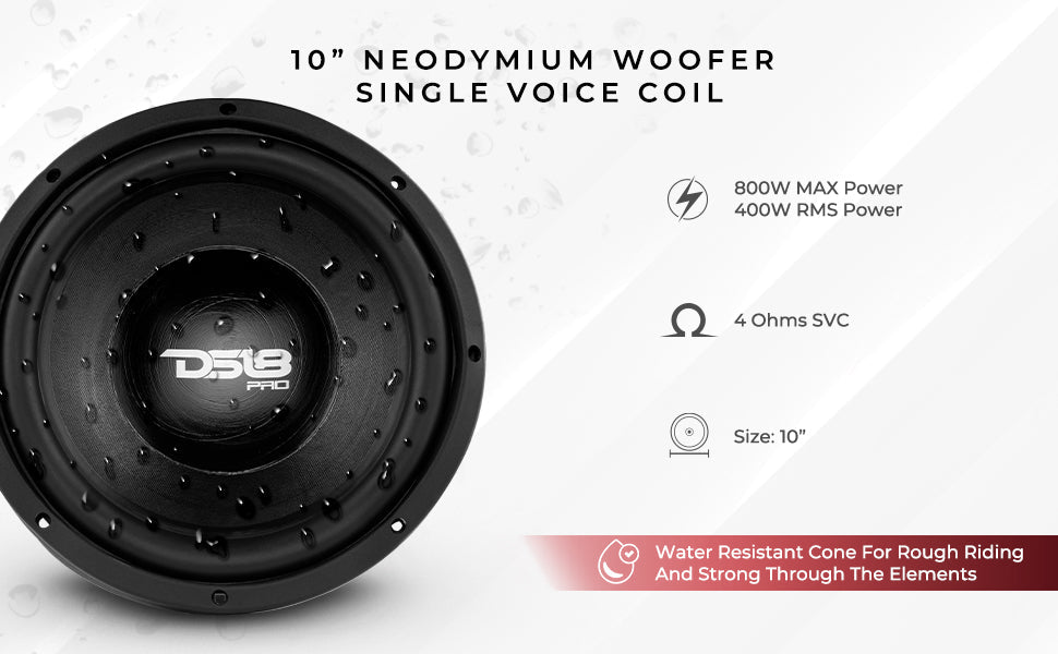 PRO 10" Neodymium Water Resistant Woofer 400 Watts Rms 4-Ohm SVC - DS18