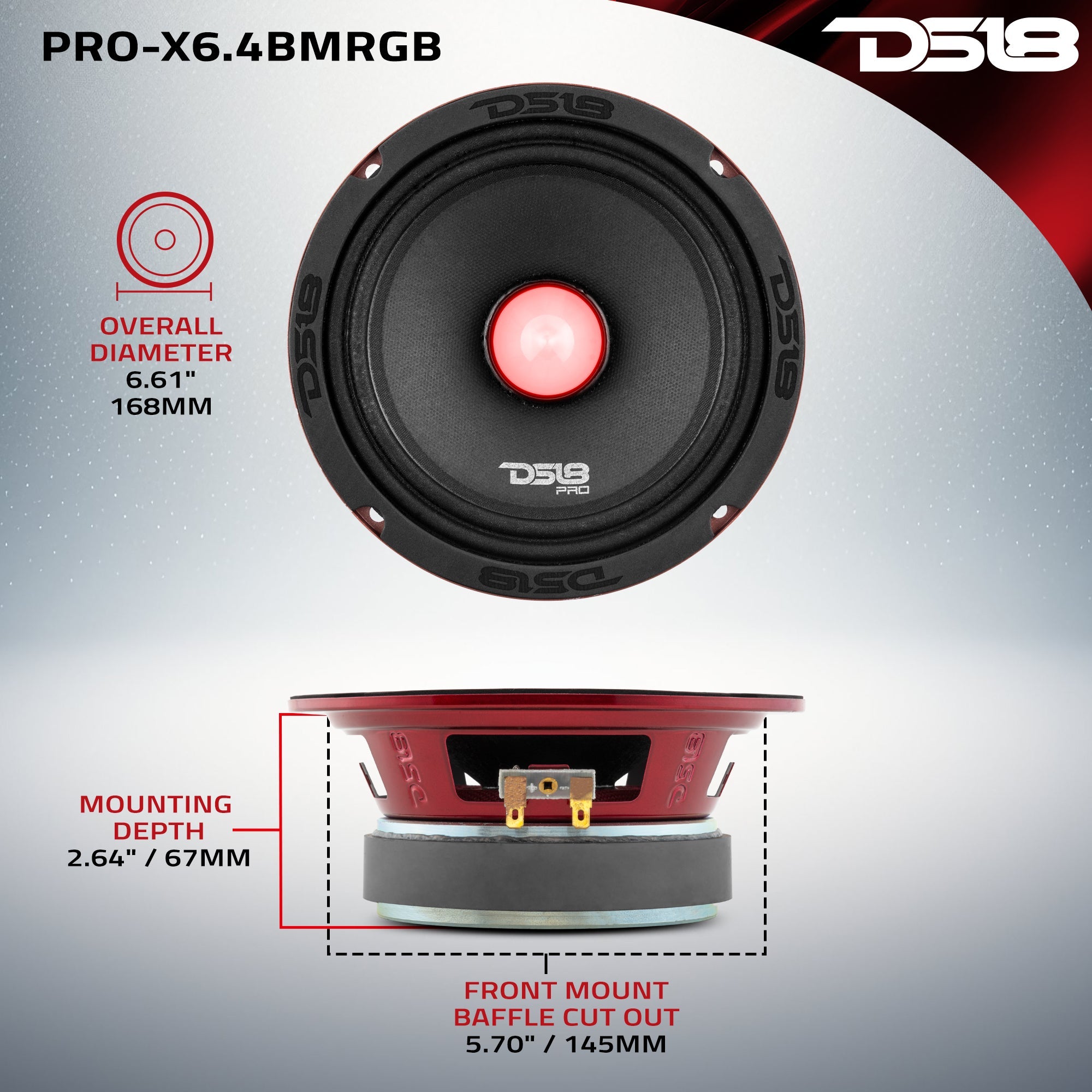 PRO-X 6.5" Mid-Range Loudspeaker with RGB Light Bullet 250 Watts Rms 4-Ohm - DS18