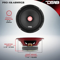 PRO-X 8" Mid-Range Loudspeaker with RGB Light Bullet 275 Watts Rms 4-Ohm - DS18
