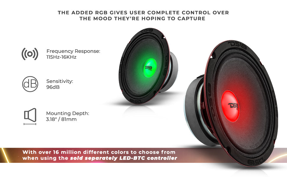 PRO-X 8" Mid-Range Loudspeaker with RGB Light Dust Cap 275 Watts Rms 4-Ohm - DS18