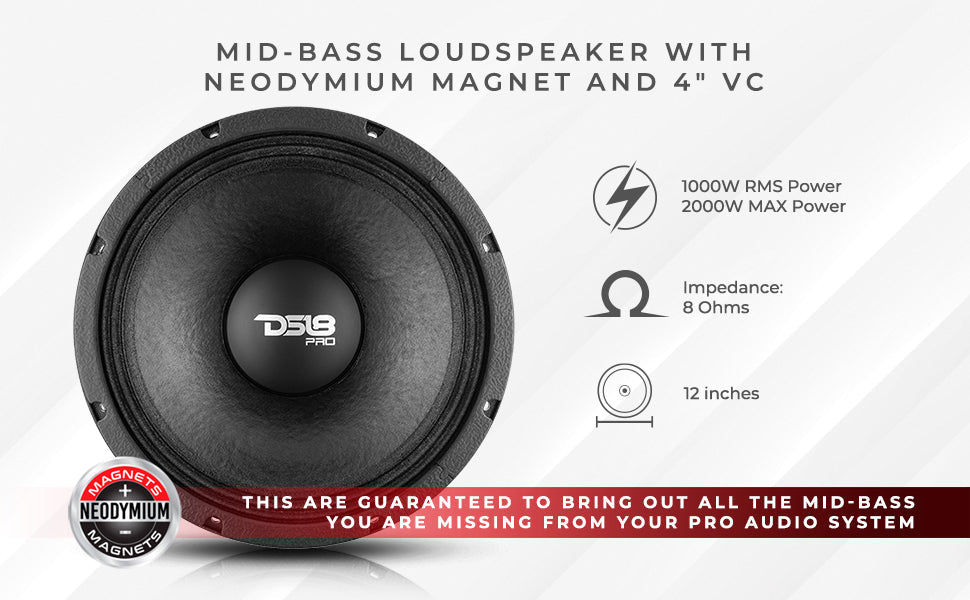 PRO 12" Neodymium Mid-Bass Loudspeaker 1000 Watts Rms 8-Ohm - DS18