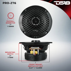 PRO-ZT 6.5" Coaxial Mid-Range Loudspeaker with Water-Resistant Cone Built-in Bullet Tweeter and Grill | 225W RMS 4-Ohm - DS18