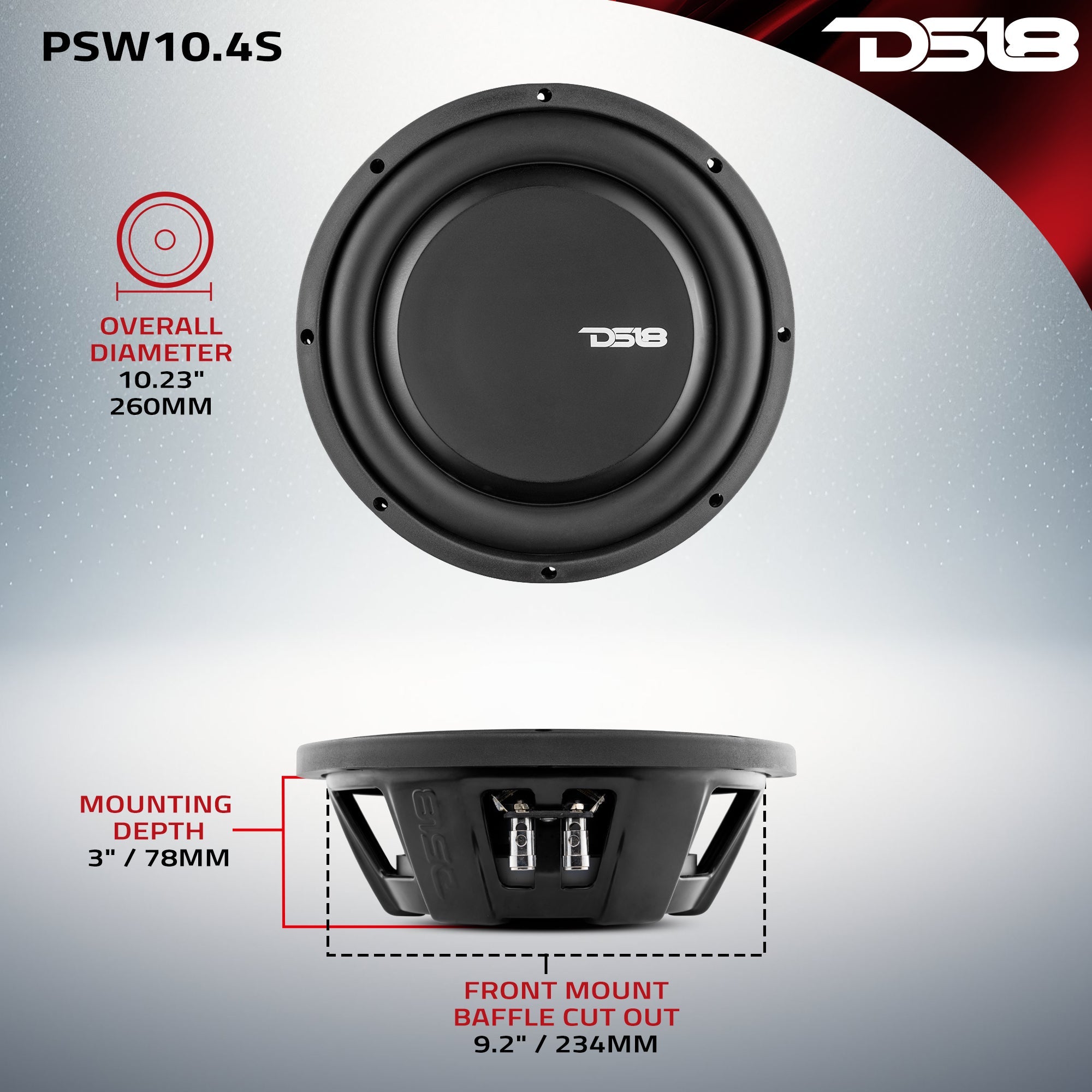 PS Shallow-Mount Water Resistant 10" Subwoofer | 500W RMS Single Voice Coil 4-Ohm - DS18