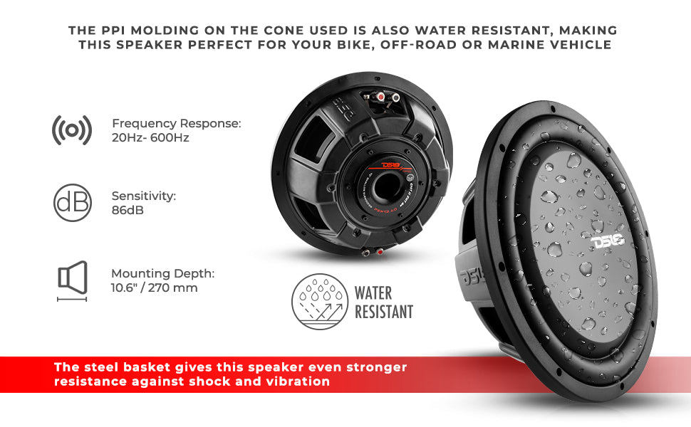 PS Shallow-Mount Water Resistant 12" Subwoofer | 600W RMS DVC 4-Ohm - DS18