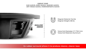 PS Shallow-Mount Water Resistant 12" Subwoofer | 600W RMS DVC 4-Ohm - DS18