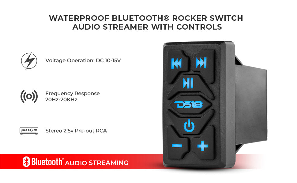 Marine And Powersports Waterproof Rocker Switch Bluetooth Audio Receiver With Controls - DS18