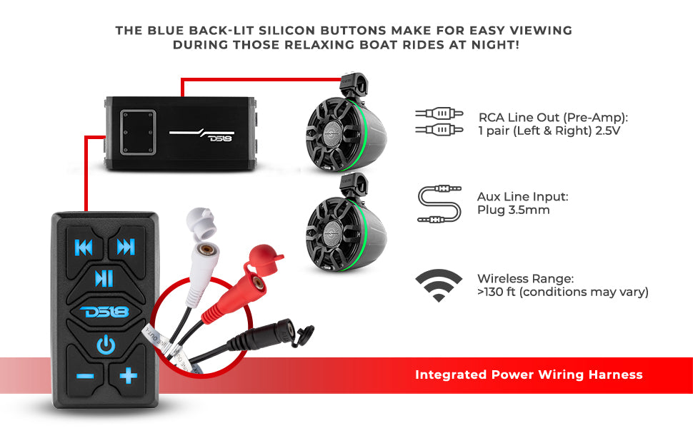 Marine And Powersports Waterproof Rocker Switch Bluetooth Audio Receiver With Controls - DS18