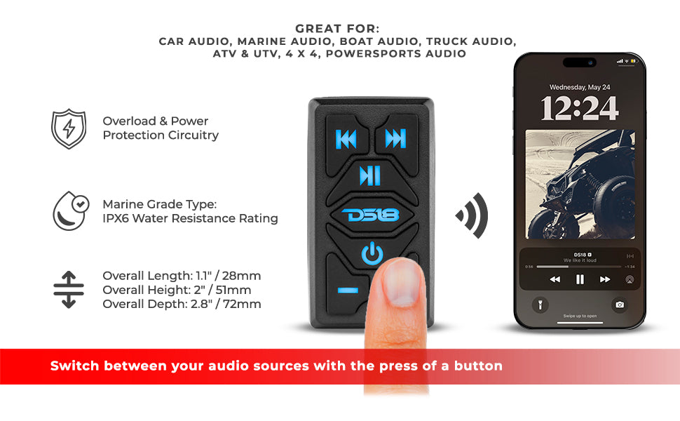 Marine And Powersports Waterproof Rocker Switch Bluetooth Audio Receiver With Controls - DS18