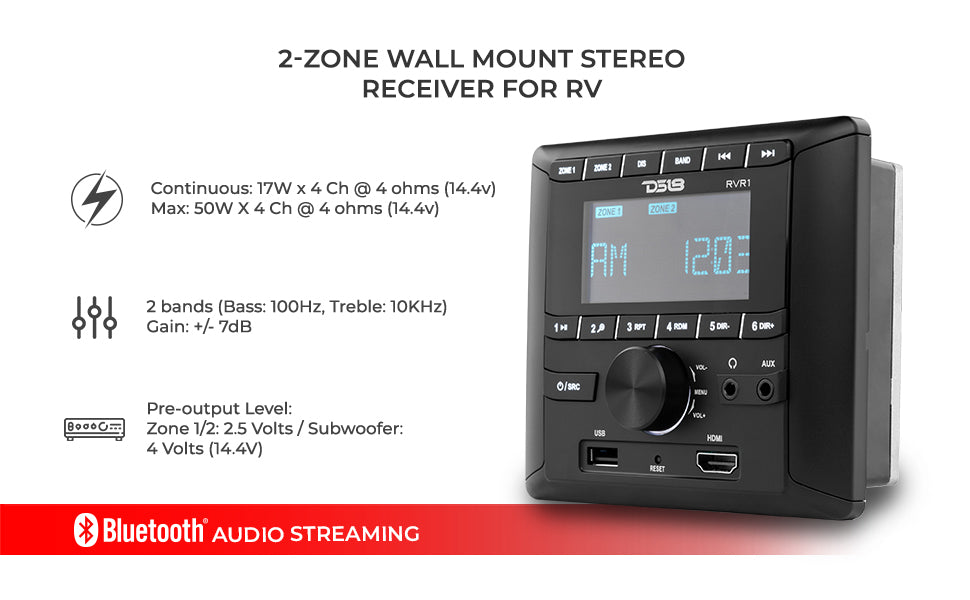 RV and Trailers Headunit 2.75" LCD screen , 2 Zones, 4 volts Output,HDMI, BT, RDS 4 X 50 Watts - DS18