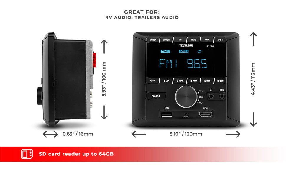 RV and Trailers Headunit 2.75" LCD screen , 2 Zones, 4 volts Output,HDMI, BT, RDS 4 X 50 Watts - DS18