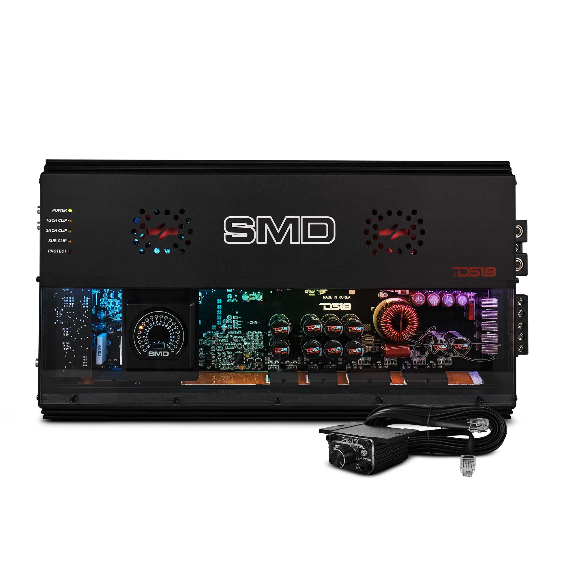 SMD 5-Channel Amplifier with VM-1 Voltmeter and Digital LED Lights 4 x 250W at 2-Ohm Class AB + 1 x 1800W at 1-Ohm Class D