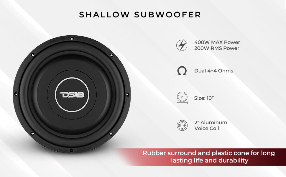 SRW Shallow-Mount 10" Subwoofer 200 Watts Rms DVC 4-Ohm - DS18