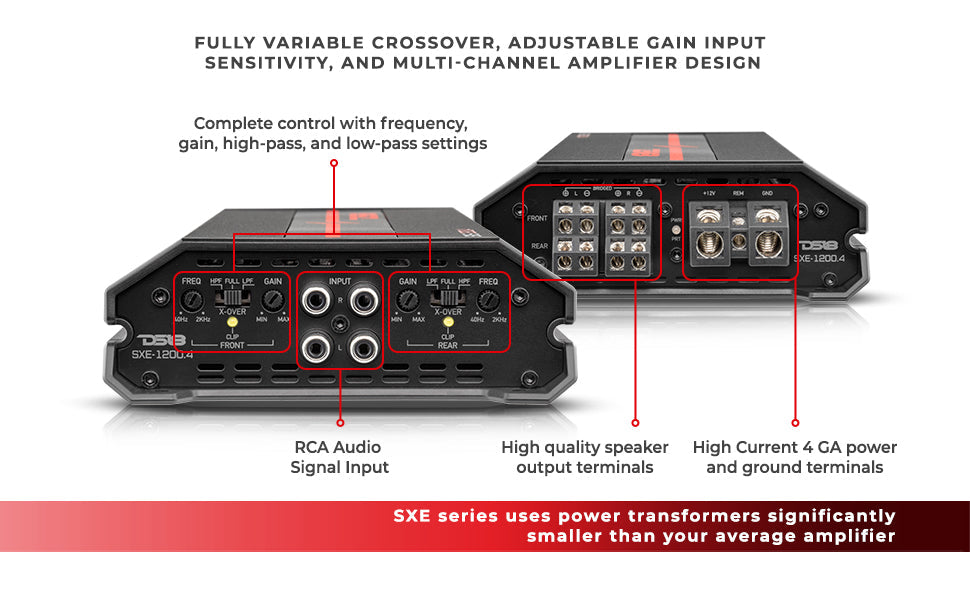 SXE Class A/B 4-Channel Full-Range Amplifier 4 x 60 RMS @ 4-Ohm 1200 Watts - DS18